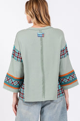 SAGE + FIG Peace Applique Patch Contrast Plaid Top OutfitFlow